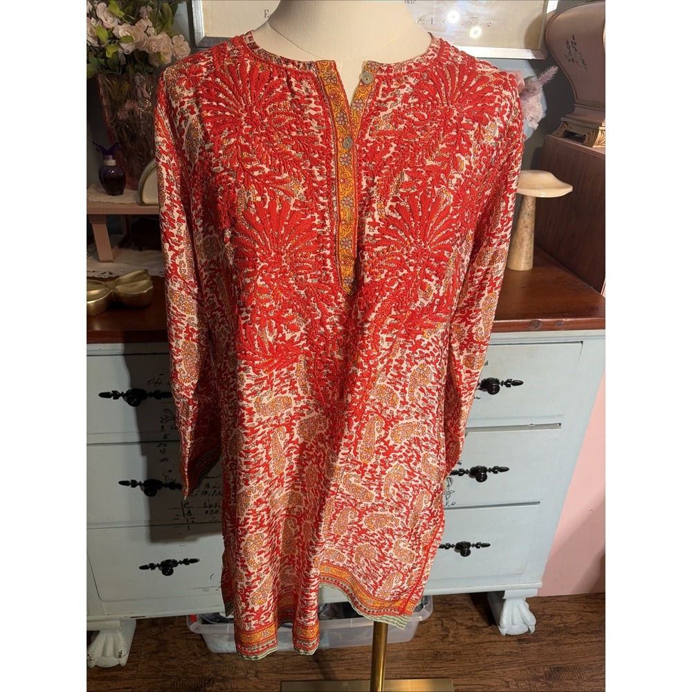 Dolma embroidered Silk Red floral Print Tunic Blouse Boho Coastal Artisan M